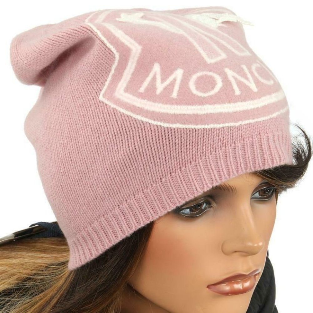🔥NEW MONCLER MAUVE PINK LUXURY WOOL CASHMERE LOGO BEANIE HAT OS AUTHENTIC🔥